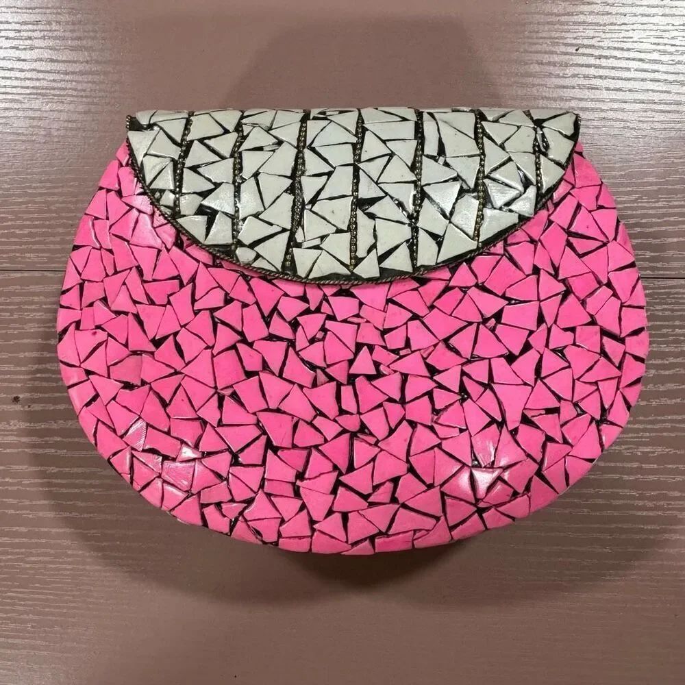 NEW Ramla Beverly Hills Pink/White Mosaic Handcrafted Handbag In Morocco